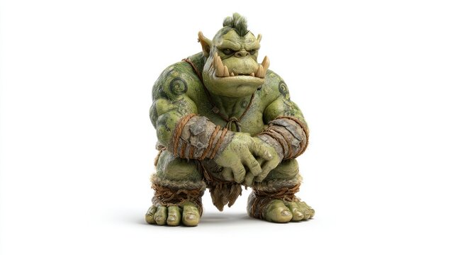 Powerful Tattooed Orc Warrior with Mohawk and Tusks Crouching on White
