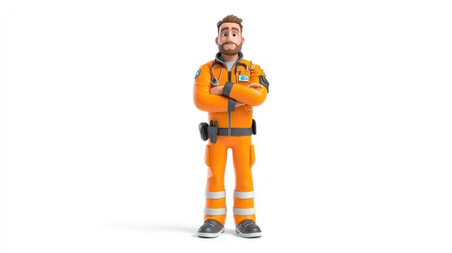 Professional 3D cartoon paramedic in an orange jumpsuit, standing with arms crossed on a white background.