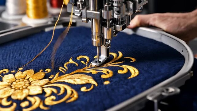 Embroidery machine stitching golden floral pattern on fabric with precision textile production detail