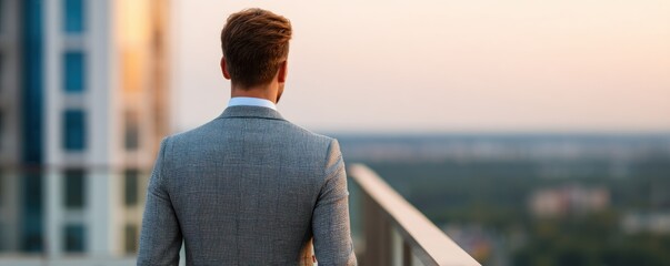 Fototapeta na wymiar Successful businessman overlooking city skyline from rooftop terrace at sunset rear view reflecting ambition growth and future vision corporate success concept