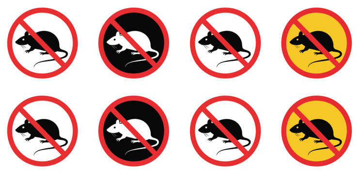 Prohibited rat icon vector illustration featuring a no rats allowed symbol, clean circular prohibition badge with crossed-out rat silhouette, suitable for pest control services, hygiene awareness