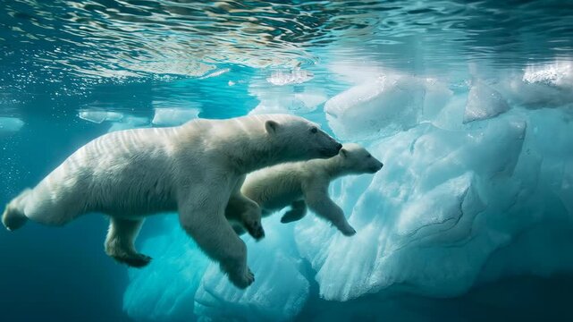 A polar bear and cub swimming gracefully in blue sea water, nearest large floating iceberg, under clear sky with cold Arctic atmosphere surrounding the scene. 4K video