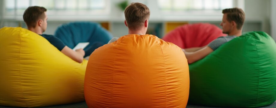 Diverse young men relaxing on colorful bean bag chairs in modern creative office during casual meeting reflecting informal collaboration and startup culture environment