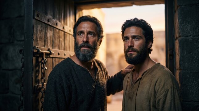 Two bearded men leaving a prison door. Apostles escaping from jail after a divine intervention. Biblical scene from Acts of the Apostles chapter five. Miracle and spiritual freedom concept.