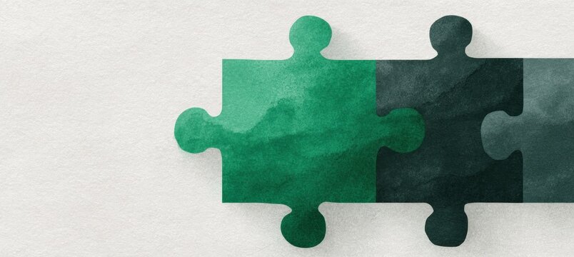 Green watercolor puzzle pieces connecting together representing business strategy alignment problem solving teamwork synergy and collaborative success concept