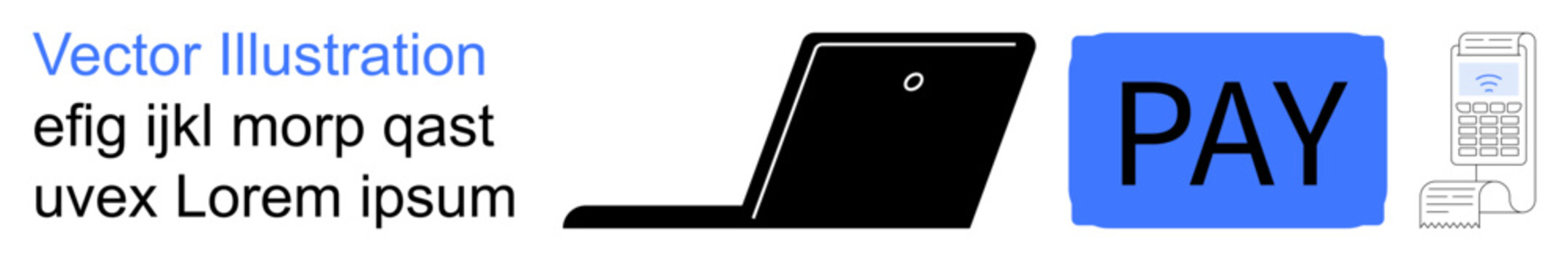 Digital payments, e-commerce, financial transactions, online shopping, contactless payments, fintech. laptop, pay button and payment terminal icon. Digital payments and e-commerce