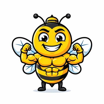 Powerful Muscular Bumblebee Character Flexing Biceps Mascot