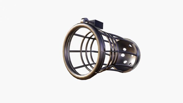 A 3d rendering of a metal chastity cage rotates smoothly and continuously around its Z-axis, revealing all sides and complex details.