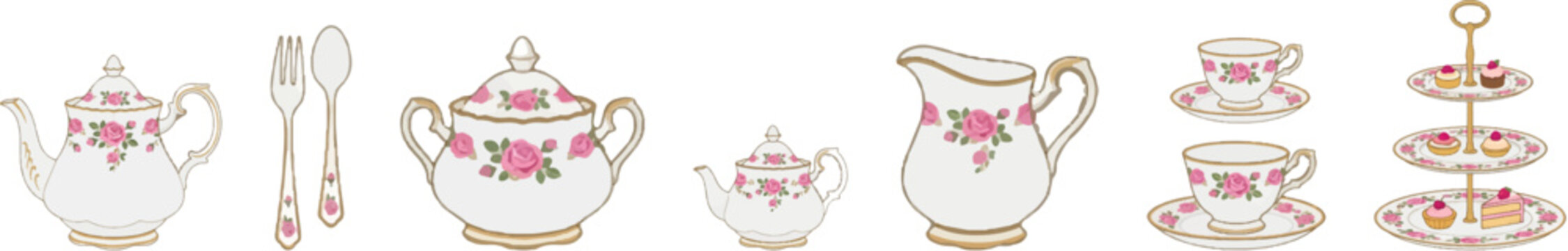 Flat Vector Tea Set Collection &ndash; Vintage English Tableware with Rose Floral Design Isolated on White