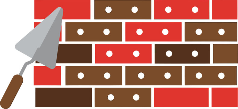 Brick wall, masonry background, trowel tool, construction texture, red and brown bricks