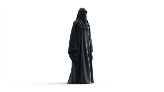 Sculptural Black Niqab Figure Standing Alone in a White Void