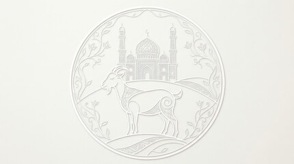 Fototapeta premium Elegant Islamic Eid al-Adha coin illustration with mosque and livestock in circular engraving