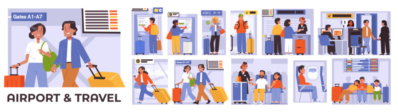 Airport and travel set. People traveling, check-in, security, flight. Flat style vector illustration