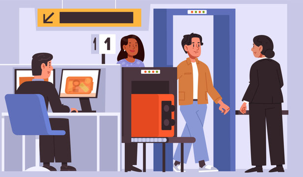 Airport security check. Passengers going through baggage screening and a metal detector. Flat vector illustration