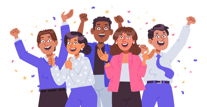 Cheerful business people celebrating. Teamwork, success, victory, and positive emotions. Flat vector illustration