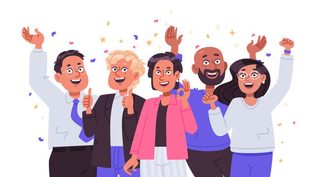 Celebrating successful business people. Teamwork and achievements. Victory. Flat vector illustration