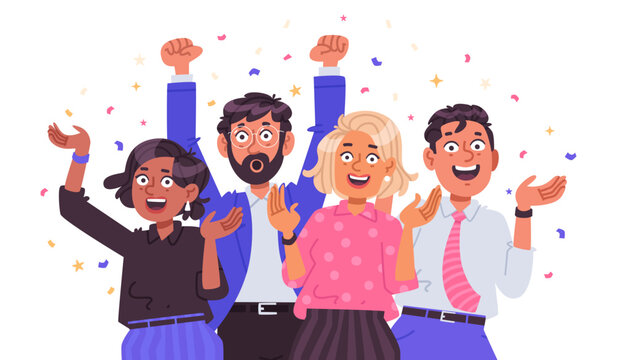 Happy business team celebrates success. Excited and joyful office workers on a white background with confetti. Flat vector illustration
