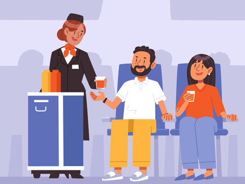 Passengers on board an airplane with a flight attendant serving drinks. In-flight service. Flat vector illustration