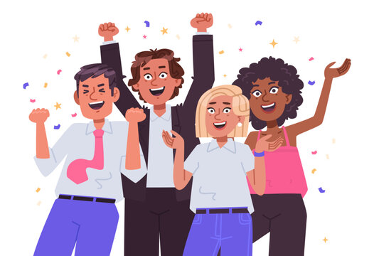 Portrait of a happy business team celebrating success and victory. Different people show joy. Flat vector illustration