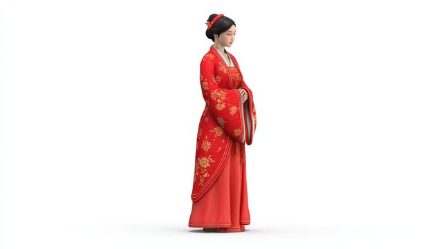 Serene Chinese Woman in an Ornate Red and Gold Hanfu, a Full-Length 3D Render.