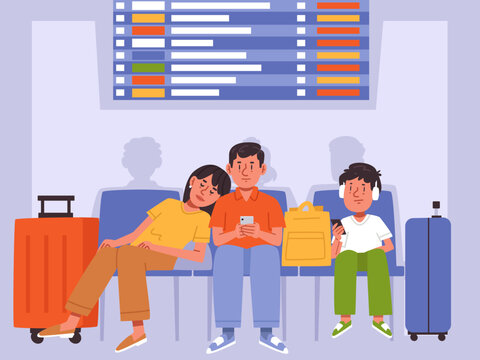 Passengers waiting at the airport terminal. People sitting with luggage before a flight. Flight delay. Flat vector illustration.