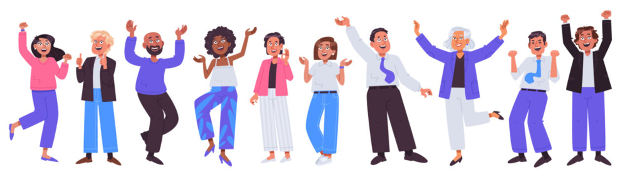 Set of different business people demonstrating emotions of success, joy, and victory. Flat vector illustration