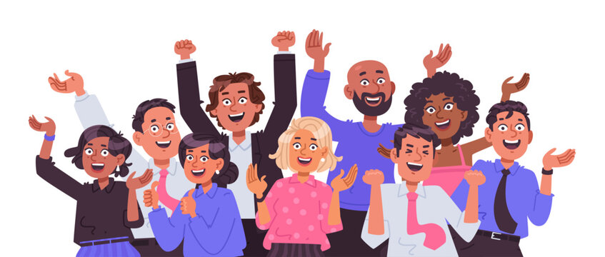 Portrait of a large, cheerful, and happy business team. Diverse business people are rejoicing and celebrating a victory. Flat vector illustration
