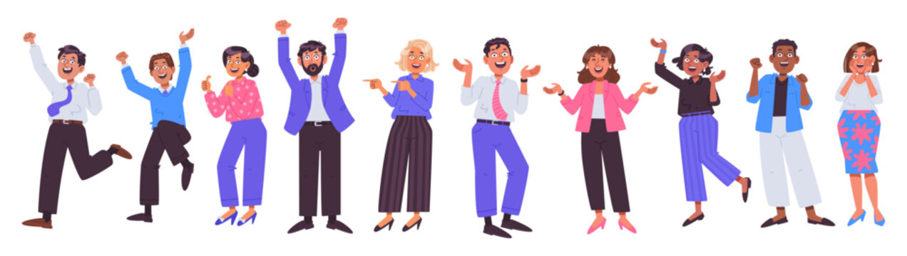 Set of happy business people. Diverse office workers celebrating success. Flat vector illustration.