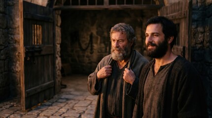 Fototapeta premium Two apostles released from prison by an angel in the book of Acts. Biblical scene of disciples escaping the dungeon. Historical religious narrative of faith and divine intervention.