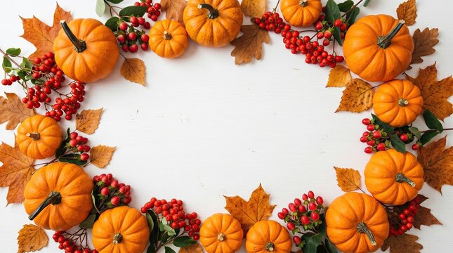autumn thanksgiving harvest wreath with pumpkins cranberries and leaves on white background