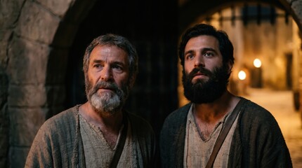 Fototapeta premium Two apostles standing inside dark prison cell. Biblical scene depicting followers of Jesus Christ liberated by angel. Historical religious reenactment based on Acts of the Apostles chapter five.