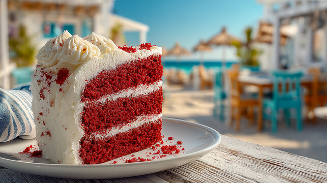 a classic red velvet cake slice with cream cheese frosting on a white plate in a sun-drenched seaside cafe interior 