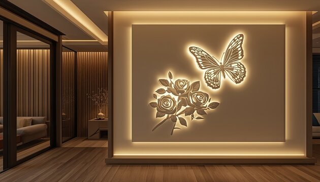 Modern interior with illuminated wall panel featuring glowing butterfly and roses outlined in warm LED light, creating decorative ambient effect
