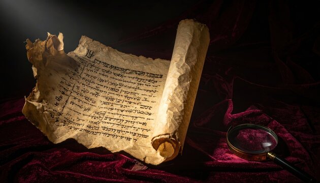 Ancient Hebrew Vellum Scroll with Faded Script Partially Unrolled on Velvet Surface
