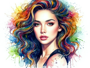 Fototapeta premium Vibrant Watercolor Portrait of a Young Woman with Rainbow Hair