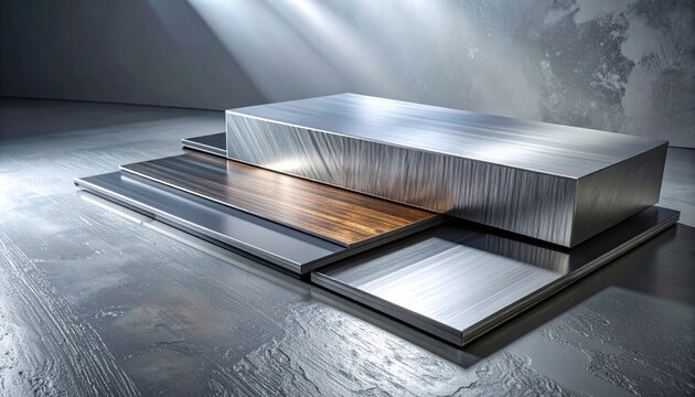 Arranged Brushed Metal Sheets Displaying Different Textures and Finishes, Modern Industrial Material Showcase