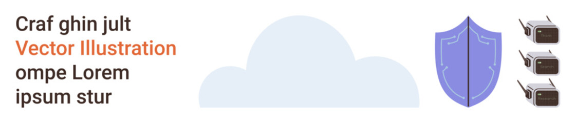 Data protection, cloud computing, cybersecurity, storage solutions, secure communication, network protection. Blue shield, cloud icon and three connected devices. Data protection and cloud computing © robu_s