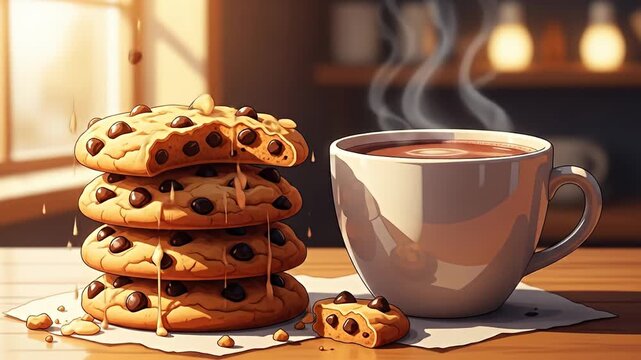 Stylized stack of cookies with chocolate chips, next to steaming cup of brown beverage