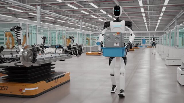 AI-powered Humanoid Robots Walking and Carrying Crates with Lithium-Ion Battery Modules in an Fully Automated Car Factory. Robotic Arms Assembling Electric Cars in the Background. 3d animation render