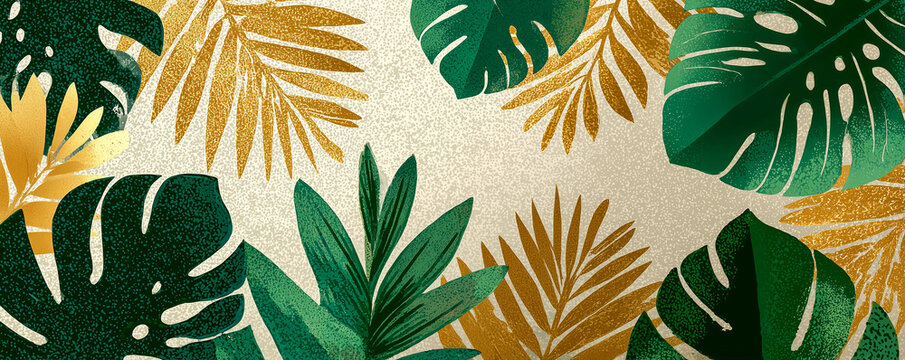 abstract  pattern with tropical palm leaf silhouettes in dark green and gold on textured cream background