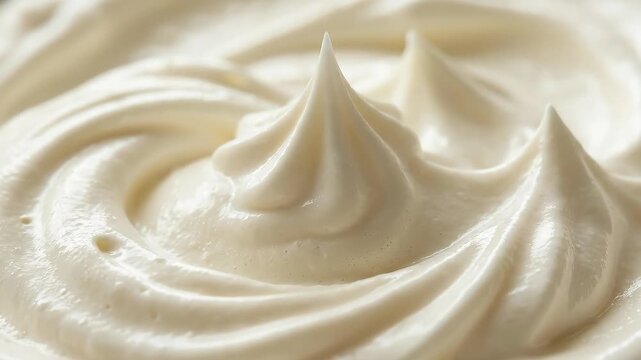 Smooth creamy swirls with soft peaks, rich whipped cream texture background, glossy dairy close up, clean studio lighting, realistic detail, no logos