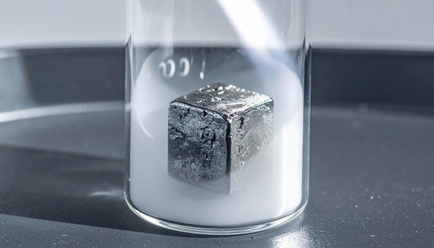 A small, shiny cube of potassium metal safely stored under protective argon gas within a clear laboratory beaker.
