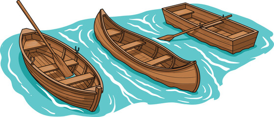 Wooden Boat Collection Featuring Traditional Rowboats and Canoes Floating on Water in Flat Illustration Style for Travel, Fishing, and Outdoor Adventure Concepts © Rashidul