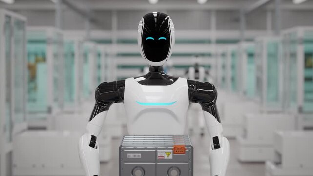 Close-up of an AI-powered Humanoid Robot Carrying Crates with Lithium-Ion Battery Modules in a Fully Automated Electric Car Factory. Blurred Background. 3d animation render