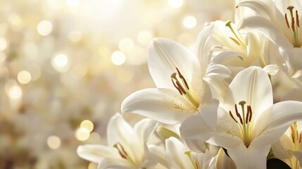 Obraz premium 白いユリの花のクローズアップ。暖かく輝くボケの背景。純粋さと優雅さを表現する植物。コピースペース