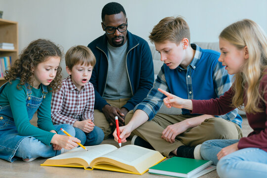 Black male teacher guiding diverse children and teenager reading textbook on floor, discussing lesson and pointing at pages. Useful for tutoring, homeschooling, inclusive education