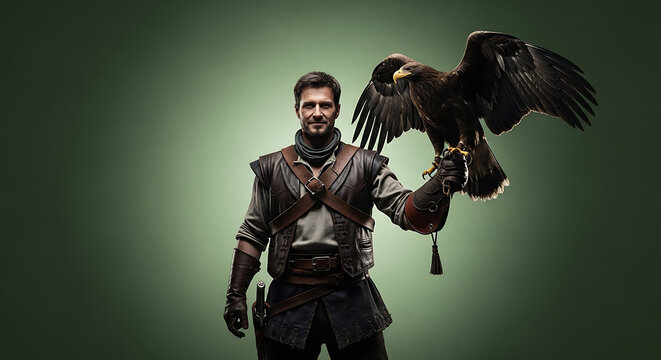 Man in historical attire with his trained falcon on his arm, a symbol of nobility and hunting