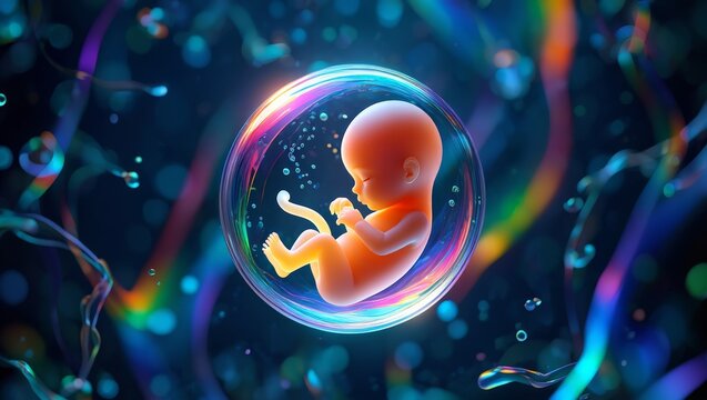 A highly detailed and colorful digital illustration of a fetus in an amniotic sac, representing the miracle of life and the advancements in IVF technology.