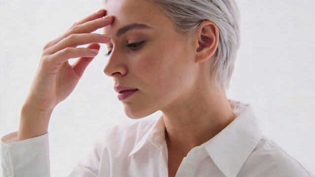 Woman with short hair touching her forehead
