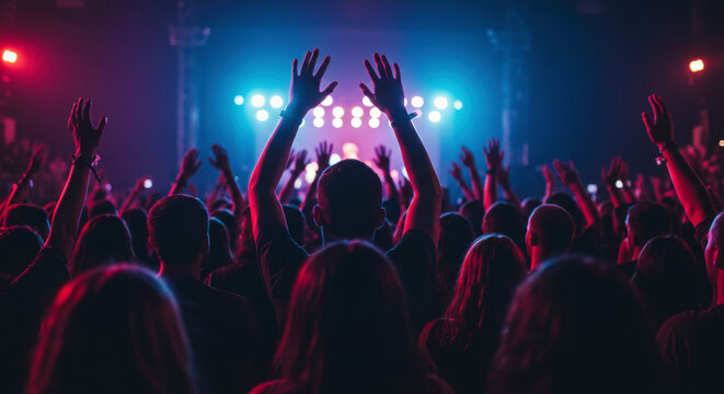 赤と青の照明が輝くライブ会場で手を挙げる群衆。ステージのパフォーマンスを楽しむ観客の後ろ姿。イベントの熱狂と一体感
